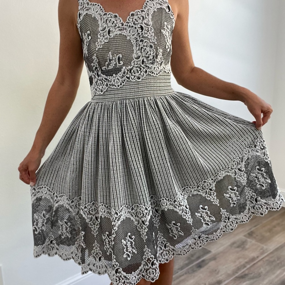 Anna Sui Lace-Trim Pleated Grey Party Dress Petite XS